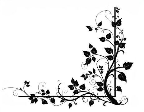 Elegant Black Floral Corner Design with Swirling Vines and Leaves.