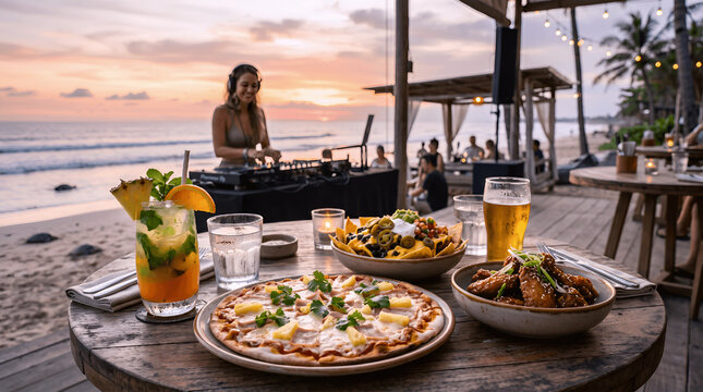 pizza, snack and cocktail on the beach