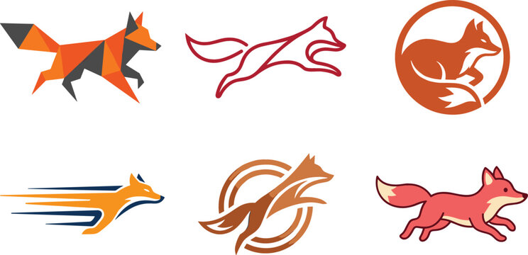 Geometric and Minimalist Fox Logo Icon Set Featuring Running, Low Poly, Line Art, and Circular Badges for Creative Business Branding Designs