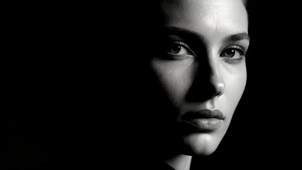 Fototapeta premium Dramatic black and white portrait of a young woman with intense gaze.