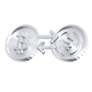 Silver 3D exchange icon showing Bitcoin and Circle coins with bidirectional arrows, representing cryptocurrency conversion, swapping, trading and digital money transfer.