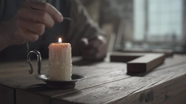 Hands of a medieval master dipping the knotted end of a linen cord into melted wax of a burning candle on a rustic wooden table inside a craftsman workshop