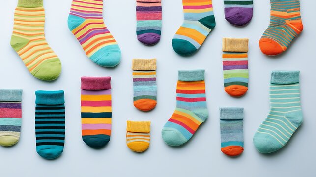 Colorful patterned socks spread on a plain blue background. Concept of finding a matching pair or organization.