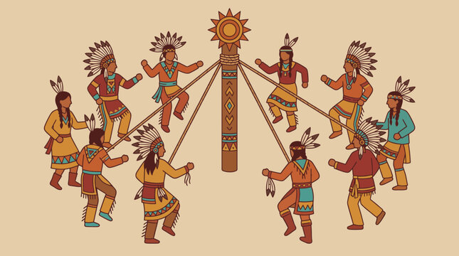 Dancers Performing Traditional Sun Dance Ritual Flat Style Vector Illustration