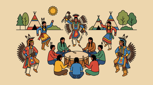 Dancers at Powwow Drum Circle Gathering Flat Style Vector Illustration