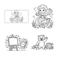 Fototapeta premium Charming black and white illustrations for children's books and coloring pages