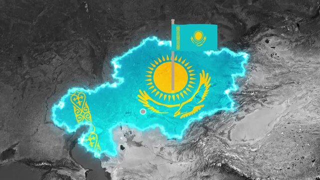 animated kazakhstan map with national flag glowing brightly in motion