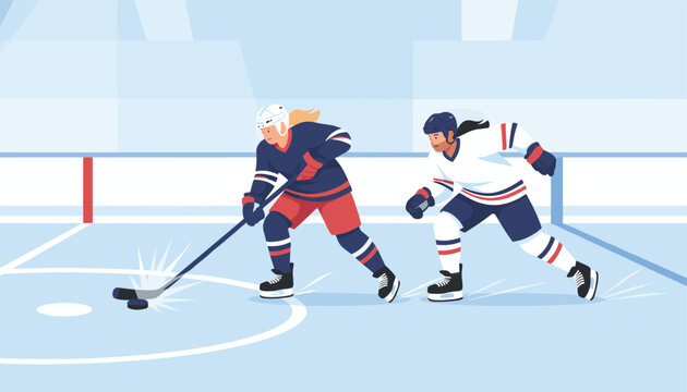 Two professional female ice hockey players battle for the puck during an intense competitive sports tournament match.