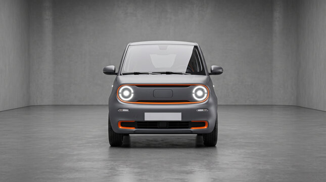 Front view of a grey electric microcar mockup with orange accents and glowing headlights