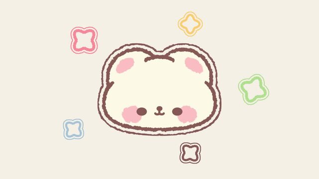 Cute Kawaii Cartoon Bear Blinking Animation - Looping Star Background(A cute hand-drawn kawaii bear face gently blinks with twinkling colorful stars floating around. Seamless 4K loop animation)