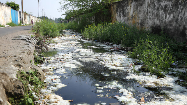 Polluted waterway with waste and plants, highlighting environmental issues and the need for clean ecosystems.