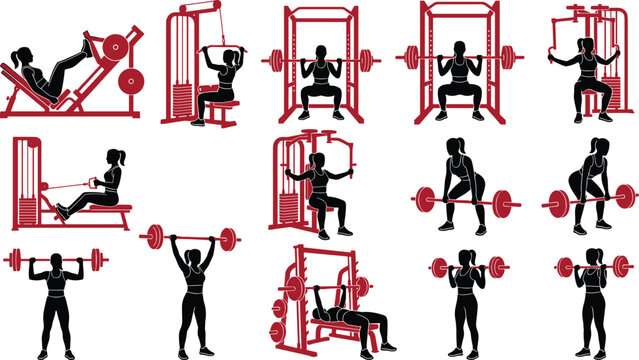 Women Weightlifting and Gym Machine Workout Silhouette Icon Set for Bodybuilding Strength Training Fitness Exercises Minimalist Vector Illustration