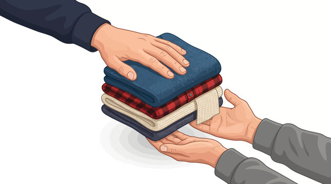 Illustration of two hands exchanging a stack of books with different colored covers on a plain white background.