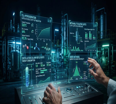 Hands navigate holographic AI methanol CO2 hydrogenation interface
