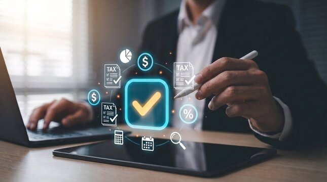 professional businessman verifying tax document accuracy on holographic interface for corporate compliance review and automated financial record management system