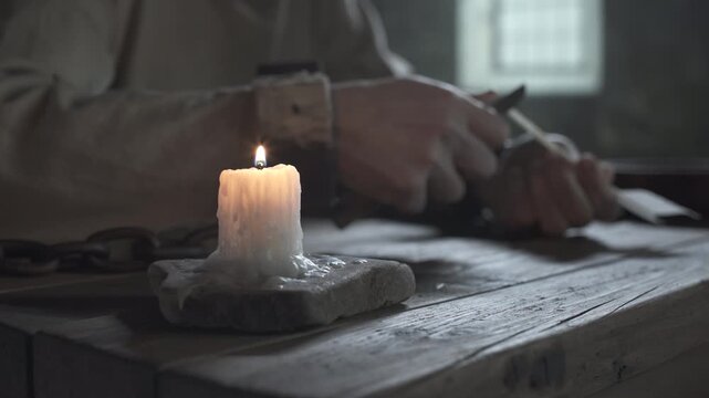 Close up of medieval prisoner hands locked in iron shackles cutting a goose quill near a burning candle on a wooden table inside a dark cell, camera tracking