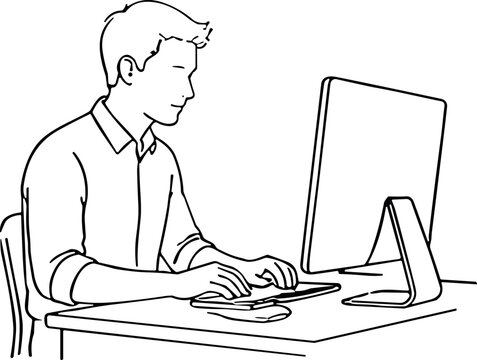 Man working on a computer at a desk with a keyboard and monitor