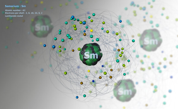 Atom of Samarium with detailed Core and its 62 Electrons on white with Atoms in background