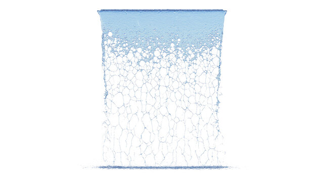 Front view of a Medium wall of small Water flow with some splashes and ripples on the ground with a white background