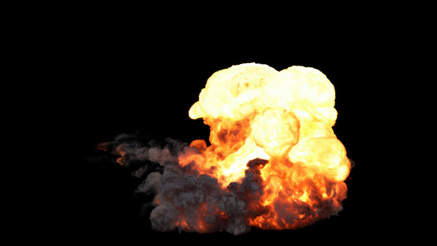Massive ground explosion with bright billowing mushroom cloud of white and yellow fireball flames with dark smoke and embers trails erupts on a black background