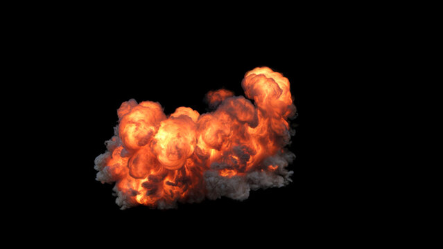 Dynamic explosion with orange and yellow flames and intense bright core with billowing smoke rises from the ground transitioning to darker edges on a black background