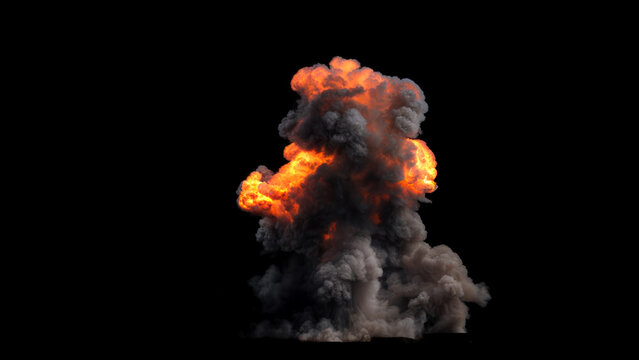 Massive ground explosion mushroom shaped erupts with intense orange and yellow flames and glowing core with billowing thick grey smoke rises and spreads outward on a black background