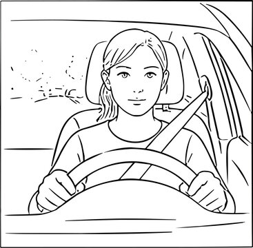 Young woman driving a car with a seatbelt fastened for safety