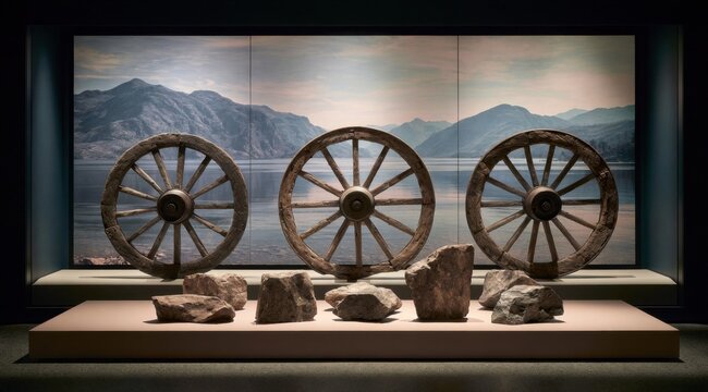 Three antique wooden cartwheels with metal hubs displayed on rustic stones against a painted landscape