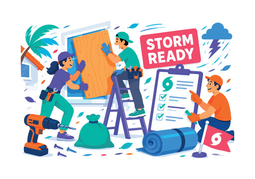 Storm Window Board banner showing 2 homeowners and one helper securing one oversized storm window board and one giant weather checklist, drill, plywood sheet, sandbag, warning flag and tool belt