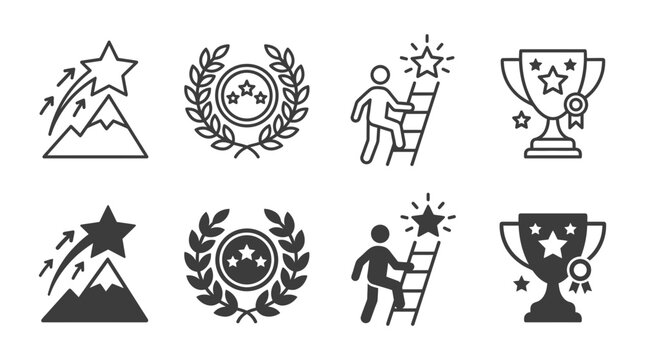Set of success and achievement vector icons including trophy ladder and laurels with achievement mountain climbing