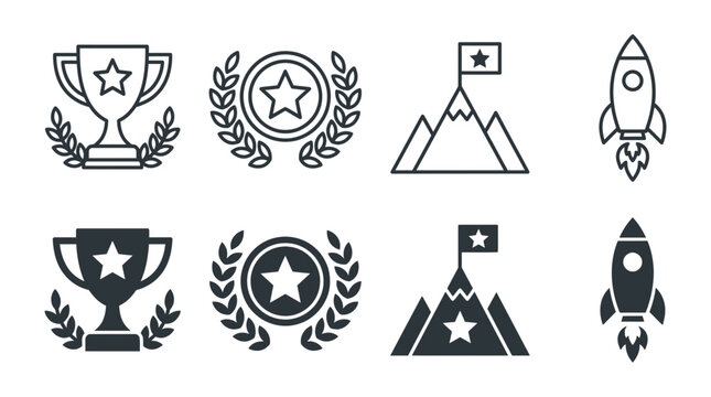 Set of achievement and goal icons including rocket trophies and flags with achievement mountain business competition
