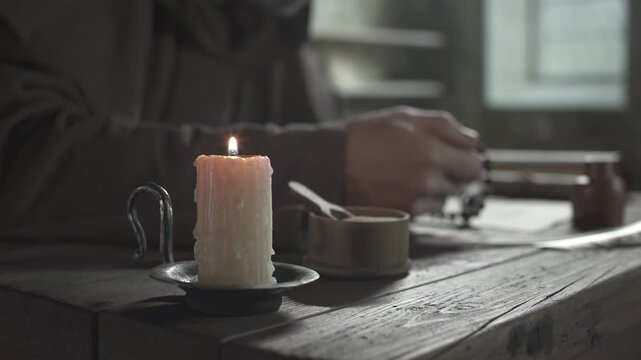 Hand of a medieval monk counting wooden rosary beads on a table featuring a dripping candle, a wooden pounce pot with a spoon and a clay inkpot, inside a dim monastery scriptorium