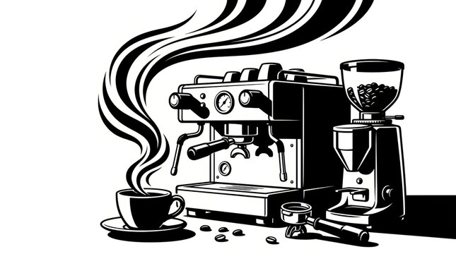Black and White Ink Illustration of Artisan Coffee Setup with Espresso Machine &ndash; Premium Caf&eacute; Branding Concept