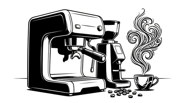 Black and White Ink Illustration of Artisan Coffee Setup with Espresso Machine &ndash; Premium Caf&eacute; Branding Concept