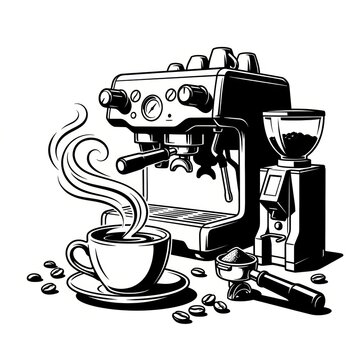 Black and White Ink Illustration of Artisan Coffee Setup with Espresso Machine &ndash; Premium Caf&eacute; Branding Concept