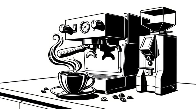 Black and White Ink Illustration of Artisan Coffee Setup with Espresso Machine &ndash; Premium Caf&eacute; Branding Concept