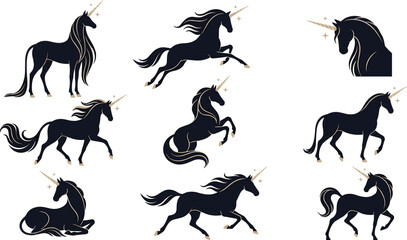 Elegant Unicorn Silhouette Collection with Running, Standing, Rearing, Resting and Portrait Mythical Horse Poses for Premium Fantasy Vector Illustration © MstSuborna