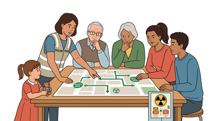 A diverse group of people sitting around a table playing a board game with a radiation symbol on a sign in a plain white background.