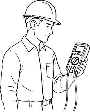 Electrician in hard hat holding a digital multimeter and testing equipment