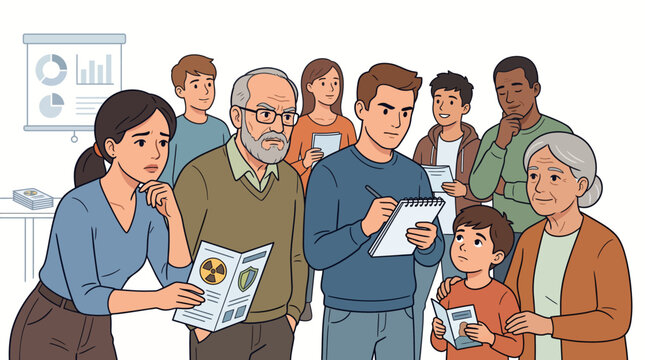 Diverse group of people of various ages reading papers and looking concerned in a flat, two-dimensional illustration style with a predominantly white background.