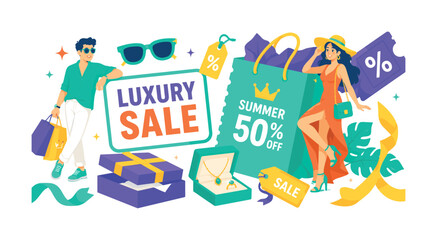 Fototapeta premium Luxury Summer Sale wide panoramic website header banner with 2 expressive stylized premium shoppers posing with oversized elegant shopping bag and giant summer discount voucher spread across full