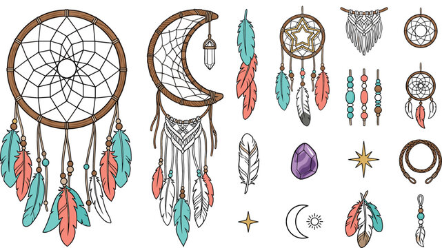 Boho dreamcatcher vector illustration set featuring crescent moon shape native american dream catchers macrame feathers beads crystal amethyst gemstone and celestial stars isolated