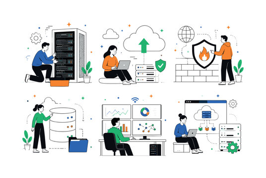 Data Center Infrastructure, clean editorial illustration set with 6 separate small editorial illustrations about cloud computing and server operations, mini scenes of server rack maintenance, cloud
