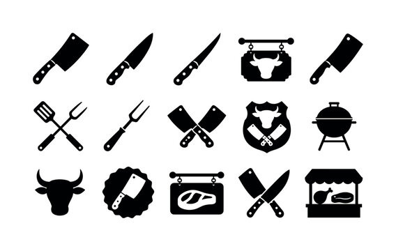 Butcher Knife Sign, solid glyph icon set, create 15 fully filled black glyph icons for butcher knife, cleaver, chef knife, meat shop sign, barbecue tool, kitchen blade, butchery badge, grill label,