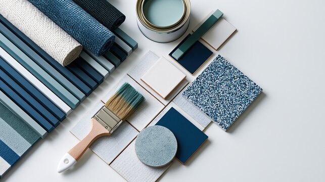 A collection of interior design materials in various shades of blue and white