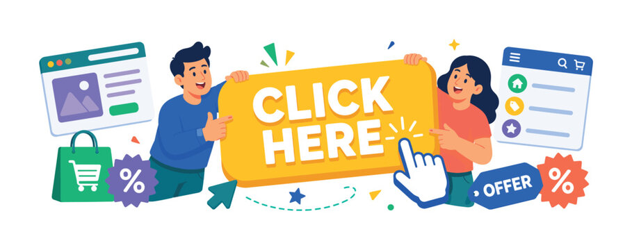 Click Here Button, bright colorful flat vector banner with 2 expressive stylized human characters pressing an oversized click button with hand cursor, web promotion tab, pointer arrow, navigation