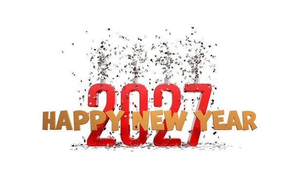 Carte de v&oelig;ux Bonne Ann&eacute;e 2027 avec chiffres 3D rouges et confettis explosifs sur fond blanc - rendu 3D