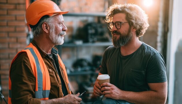Two men discussing a project in an industrial workshop setting