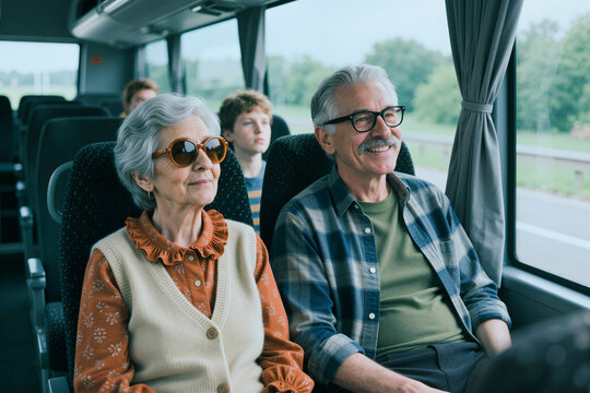 Senior Caucasian couple riding coach bus, smiling and looking through window during group trip, representing active retirement and mobility. Ideal for travel, tourism, senior lifestyle marketing