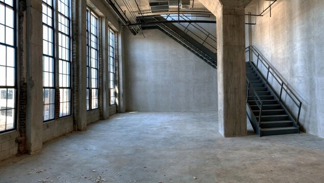 Unfinished industrial-style loft with large windows and concrete staircase